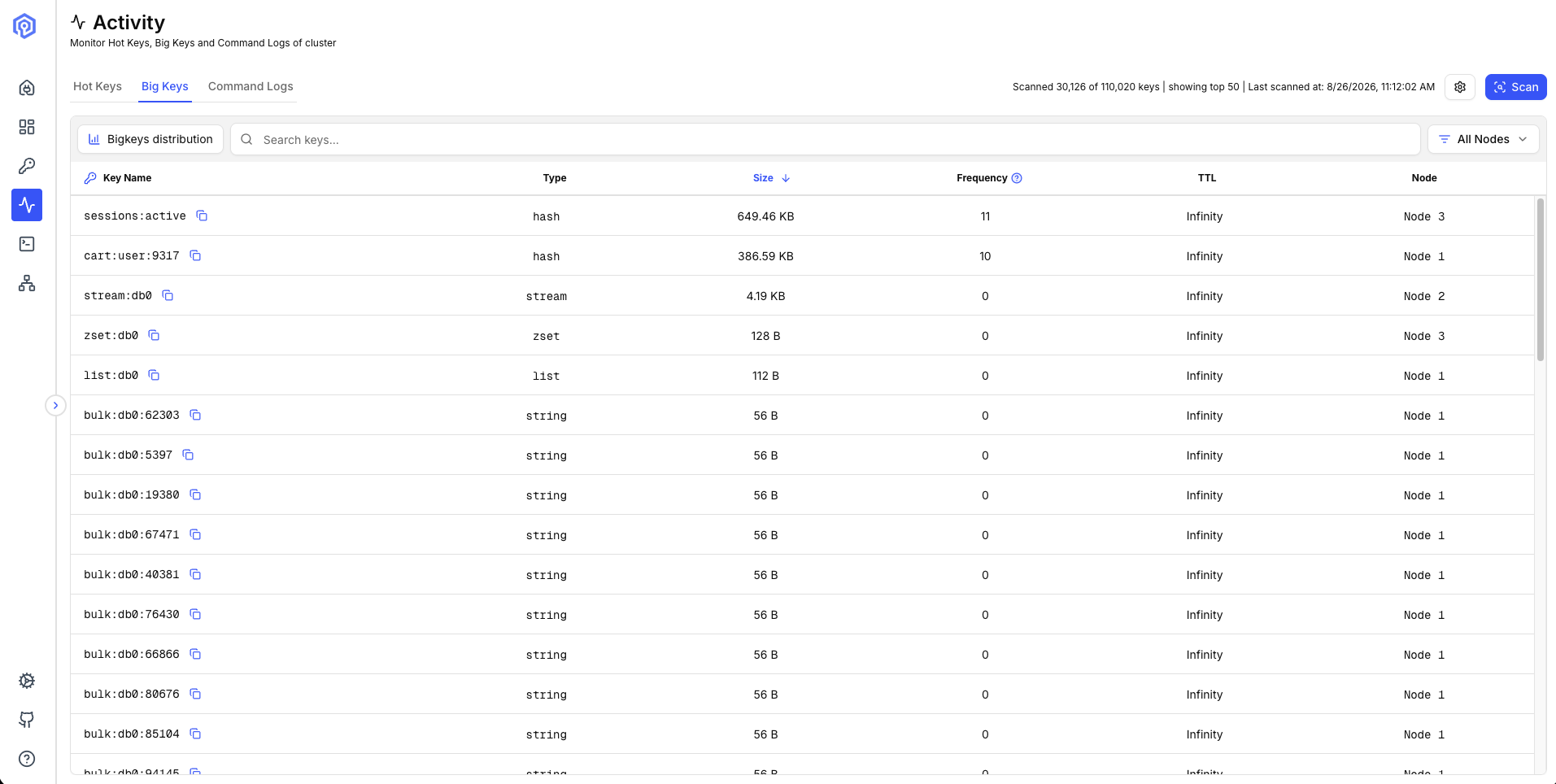 Big Keys results listing the largest keys found across a multi-shard Valkey cluster, ranked by size, each row showing the type, memory footprint, TTL and owning node