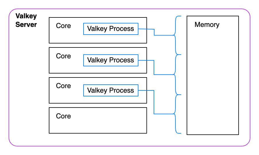 A picture of our Valkey server with the 4 core boxes and to the right of them is a memory box. In the first three core boxs are Valkey processes. Each of them has a bracket around a portion of the memory.